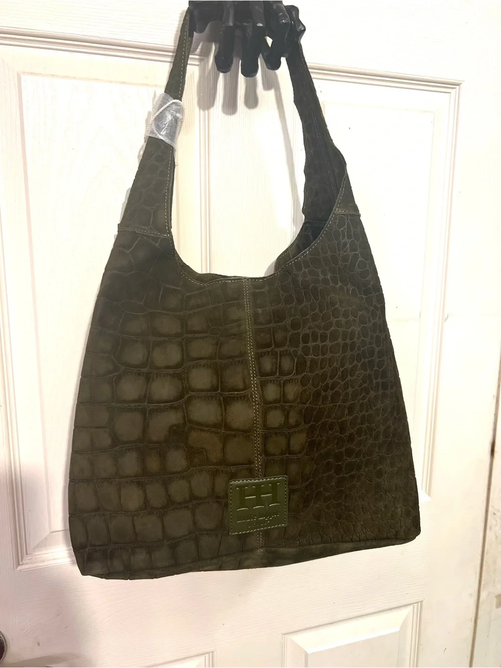 Haute Hippie olive green hobo bag with, crocodile-embossed suede design.NWT